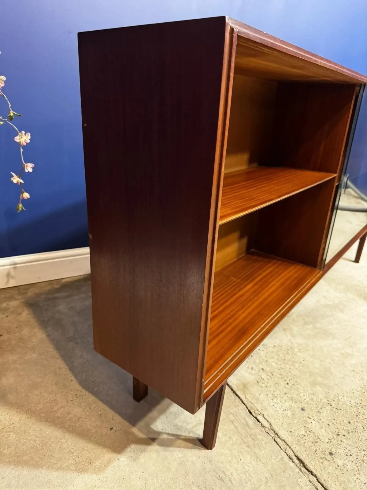 Vintage Glass Teak Display Bookcase Wide Teak Mid Century Glass Display Cabinet