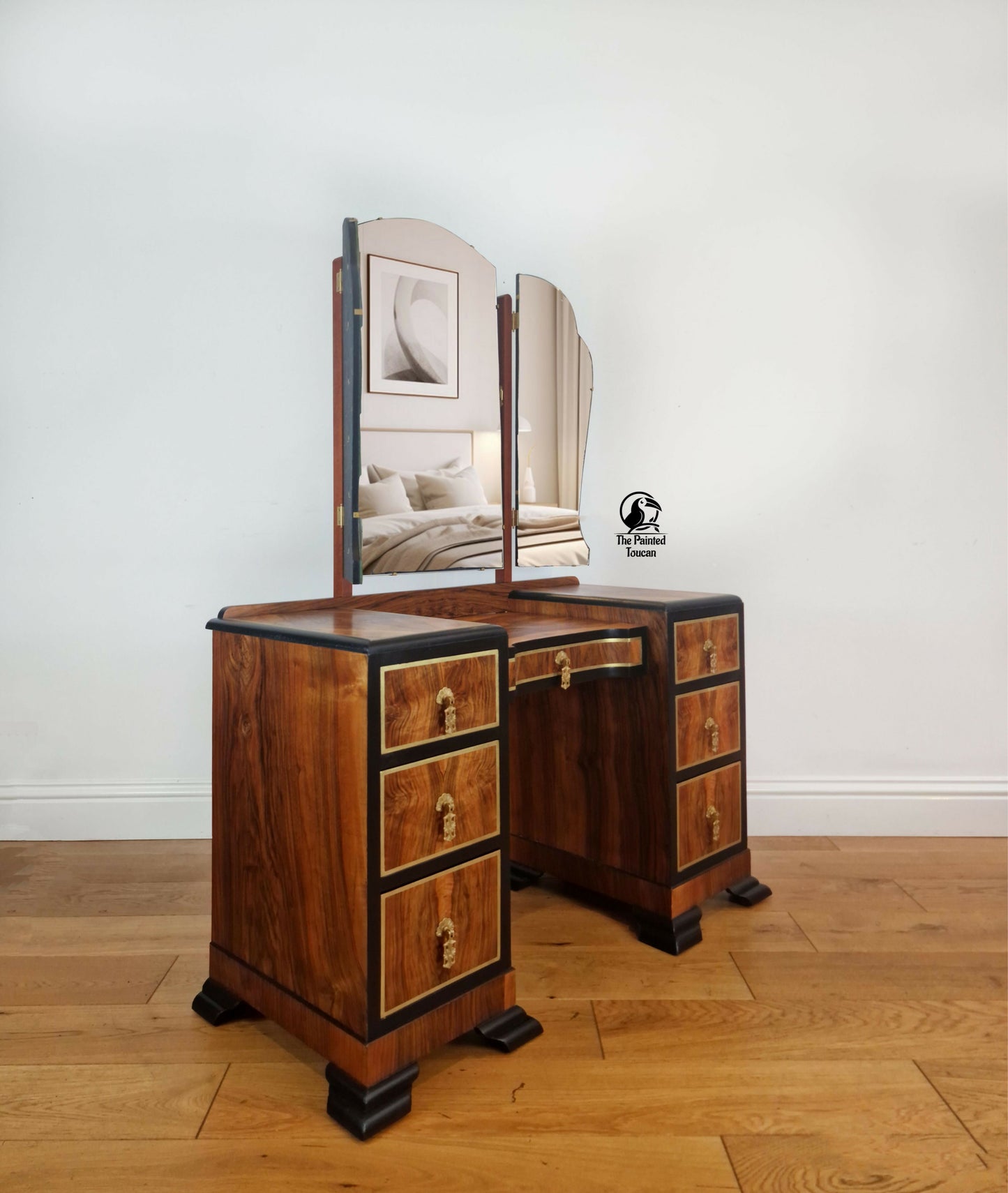Restored 1940s Art Deco Burr Walnut Dressing Table - Black and Gold