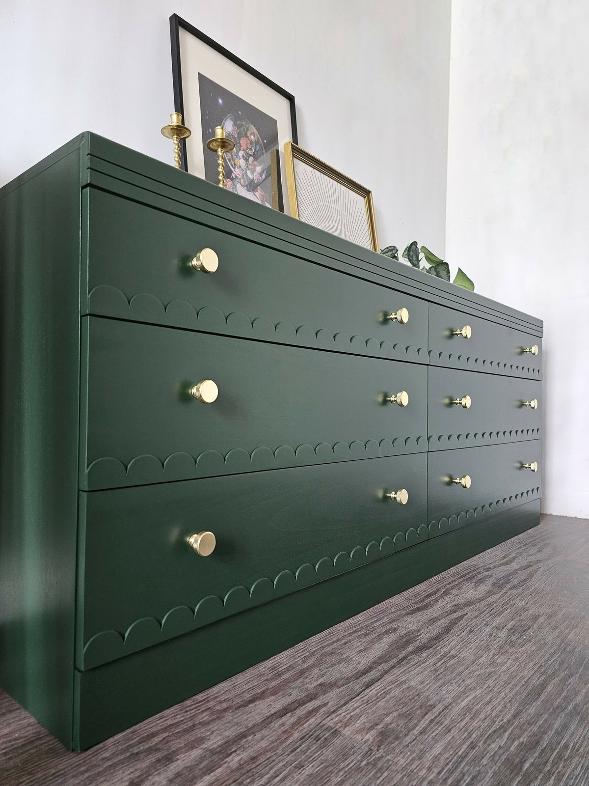 Large Vintage Dark Green Chest of Drawers with Scallops