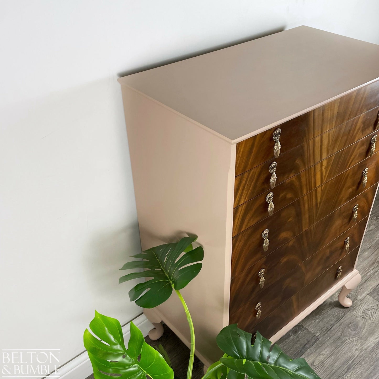 Seven Drawer Chest of Drawers in Dusky Pink and Flame Mahogany