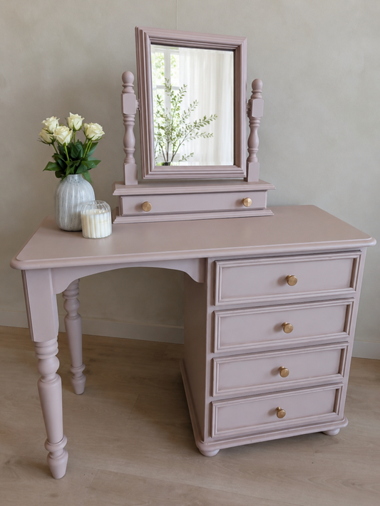 Vintage Dressing Table with Mirror Hand Painted Vanity Desk in a Blush Taupe
