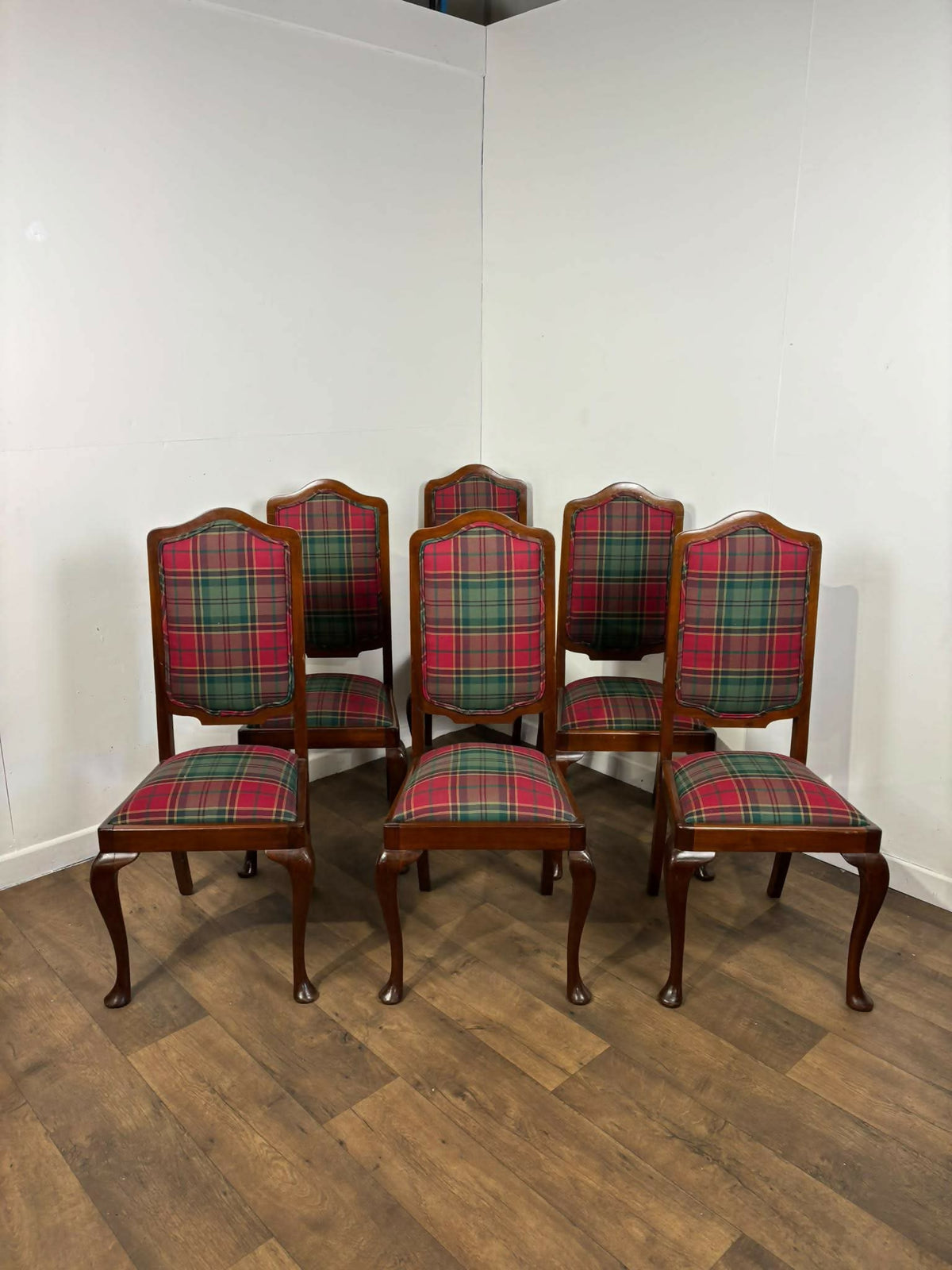 Set Of Six Antique Tartan Upholstered Dining Chairs