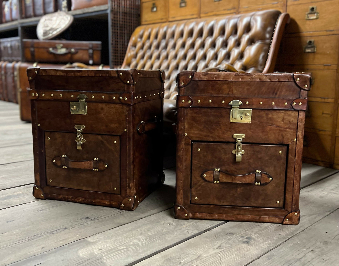 English Bridle Vintage Leather Side Table Trunk - Handmade Bedroom Furniture Pair Bespoke Chest