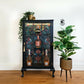 Upcycled Vintage Drinks Cabinet | Painted Dark Navy Tropical Decoupage Glazed Home Bar | Cocktail Cabinet
