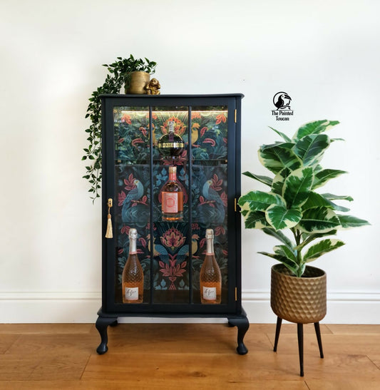 Upcycled Vintage Drinks Cabinet | Painted Dark Navy Tropical Decoupage Glazed Home Bar | Cocktail Cabinet