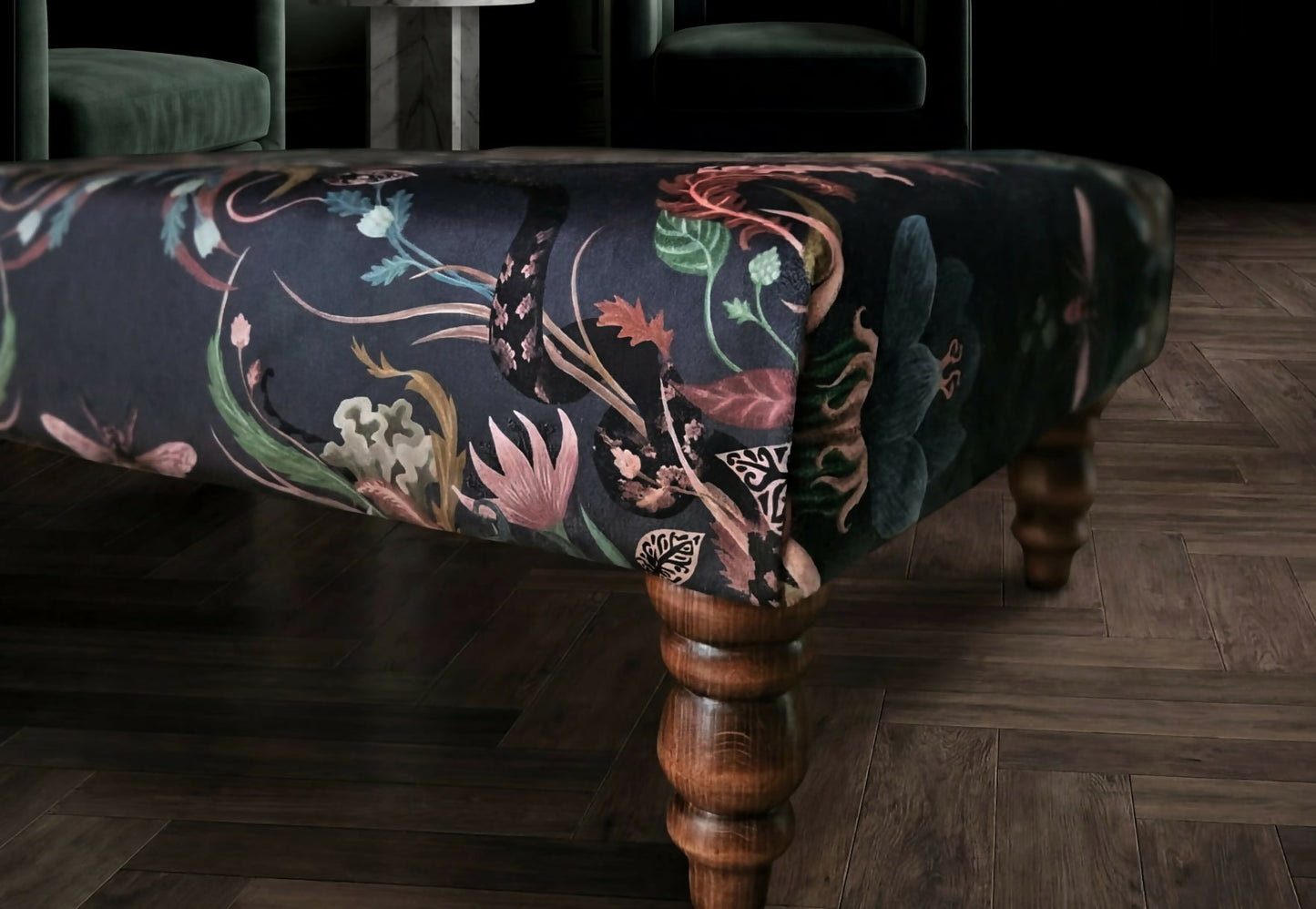 Luxurious handcrafted footstool in Becca Who "Serpentine " fabric