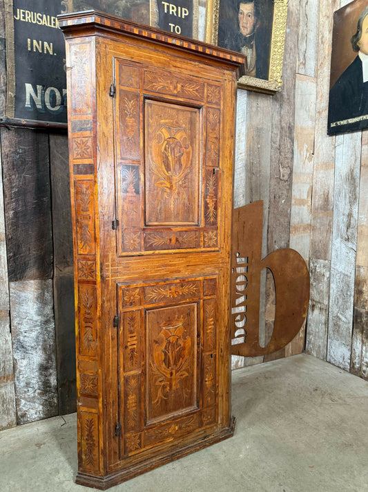 Antique French Chestnut Inlaid Corner Tall Cupboard, c1780