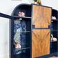 Curved Art Deco walnut drinks cocktail cabinet in navy blue and gold with peacock design. Glass display, Drinks cabinet, Sideboard
