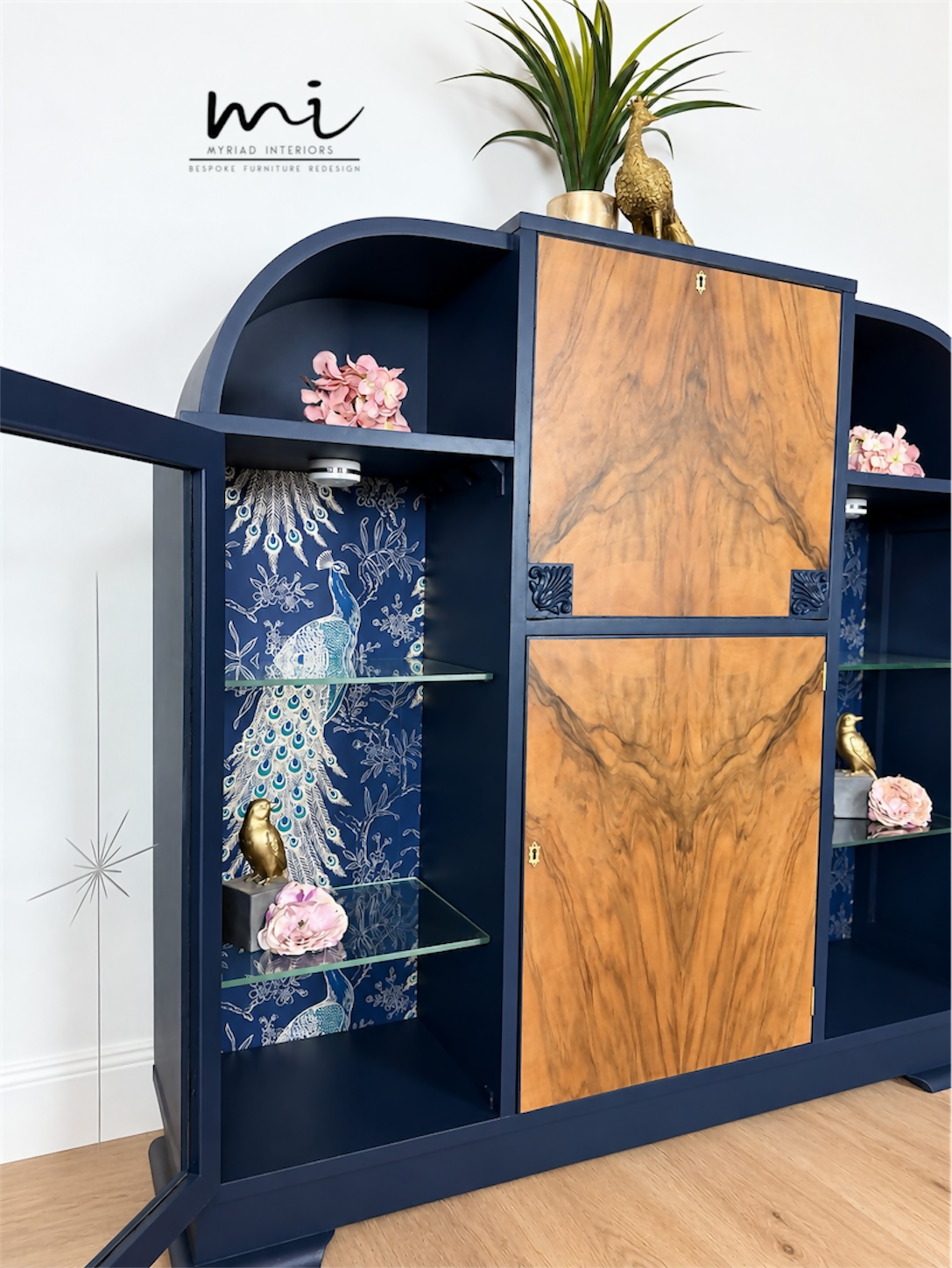 Curved Art Deco walnut drinks cocktail cabinet in navy blue and gold with peacock design. Glass display, Drinks cabinet, Sideboard