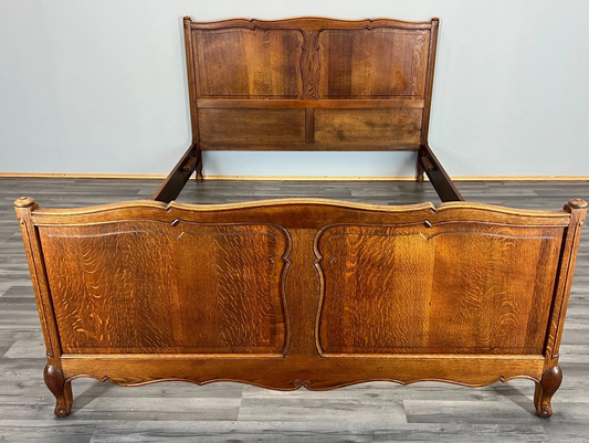 Bed Vintage French Louis XVI Oak Double Bed Frame Carved Headboard LOT 3788