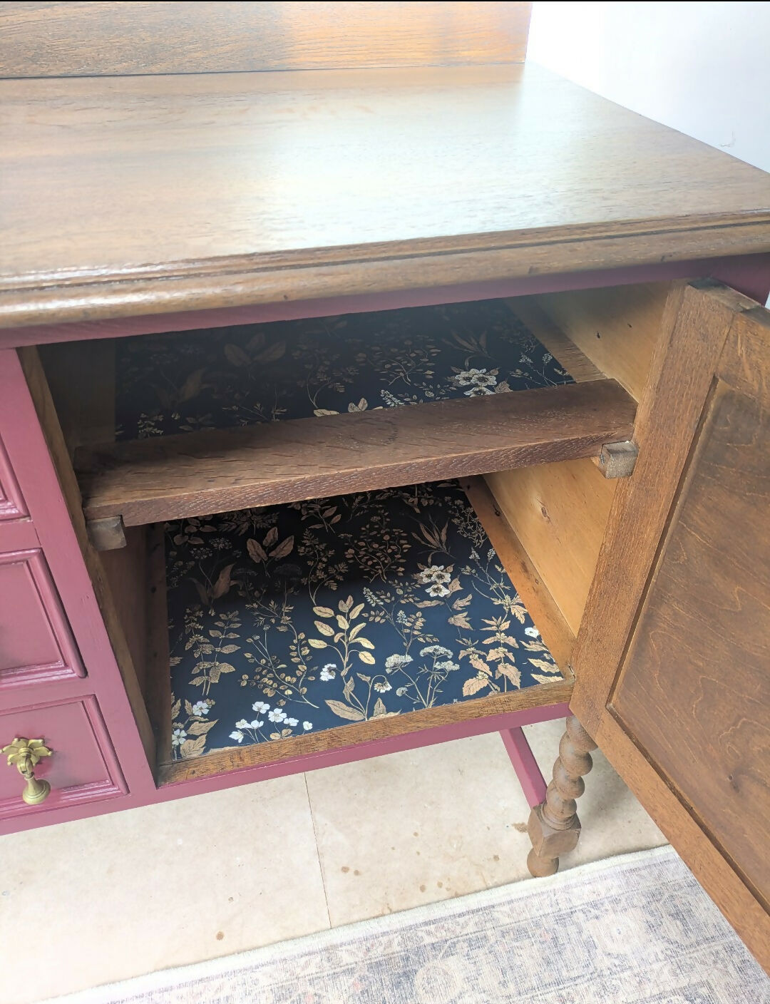 Refinished Jacobean Revival Solid Oak Sideboard, Burgundy Red Painted Buffet, Winchester Fusion Mineral Paint
