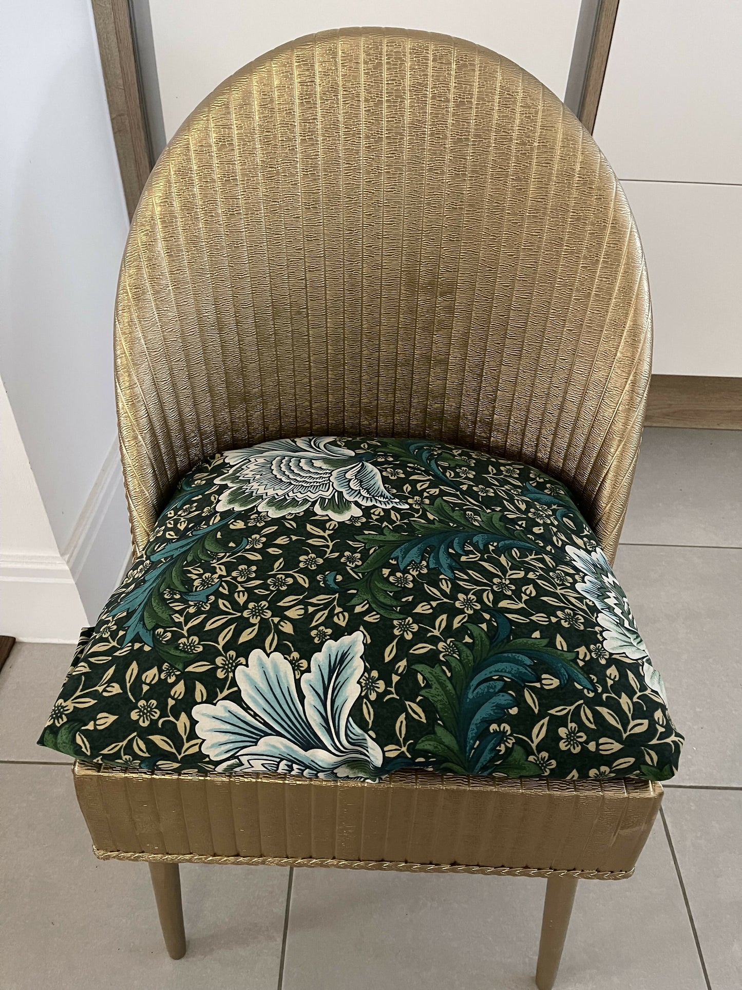 Accent chair. Gold painted wipe clean plastic with your choice of fabric seat. Removable with small storage space beneath.