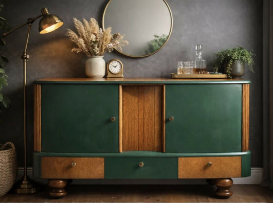Mid century modern revived sideboard in forest green and oak