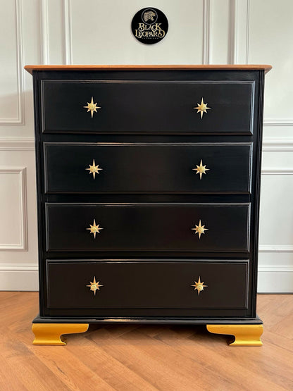 Vintage Chest of Drawers Star Handles Black Dresser | Hand Painted Refurbished Bespoke | Black Gold Brass Solid Wood