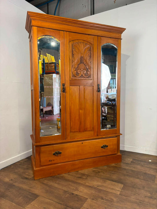 Edwardian Stripped Satinwood Double Mirror Door Wardrobe