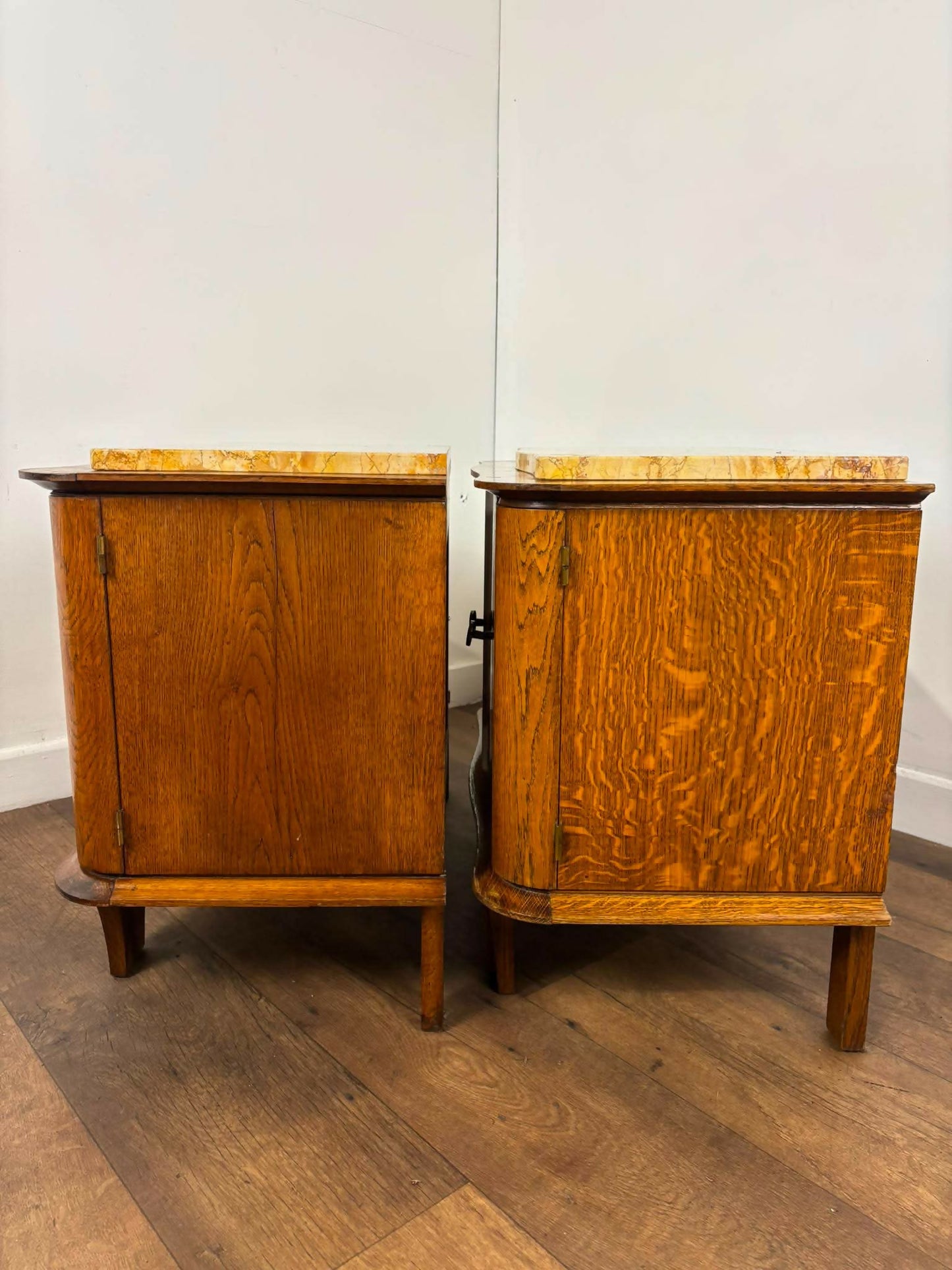 Pair of French Art Deco Oak Bedside Cabinets with Marble Tops