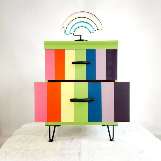 Multi Coloured Spectrum design two drawer chest with hairpin legs