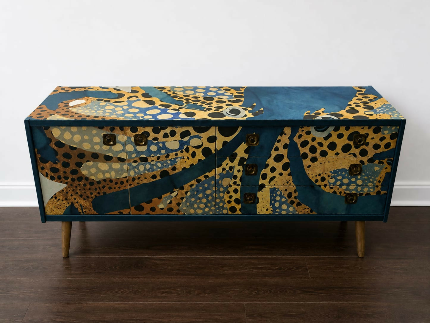 Midcentury Retro Painted Upcycled Sideboard Furniture White With Octopus Print. Commission Piece.