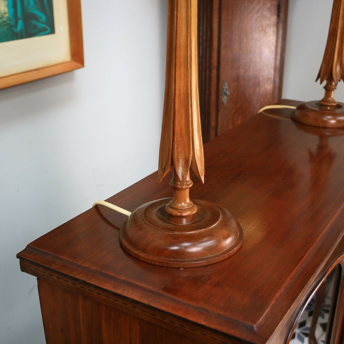 A Pair of Wooden Carved Walnut Table lamps