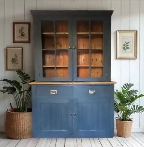 Vintage Pine Blue Painted Display China Glazed Dresser Cupboard Cabinet Bookcase