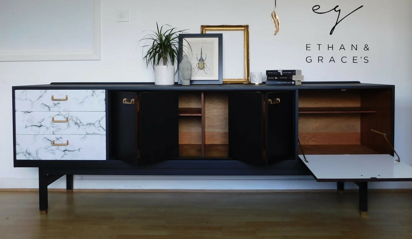 Black, gold & marble G plan retro sideboard
