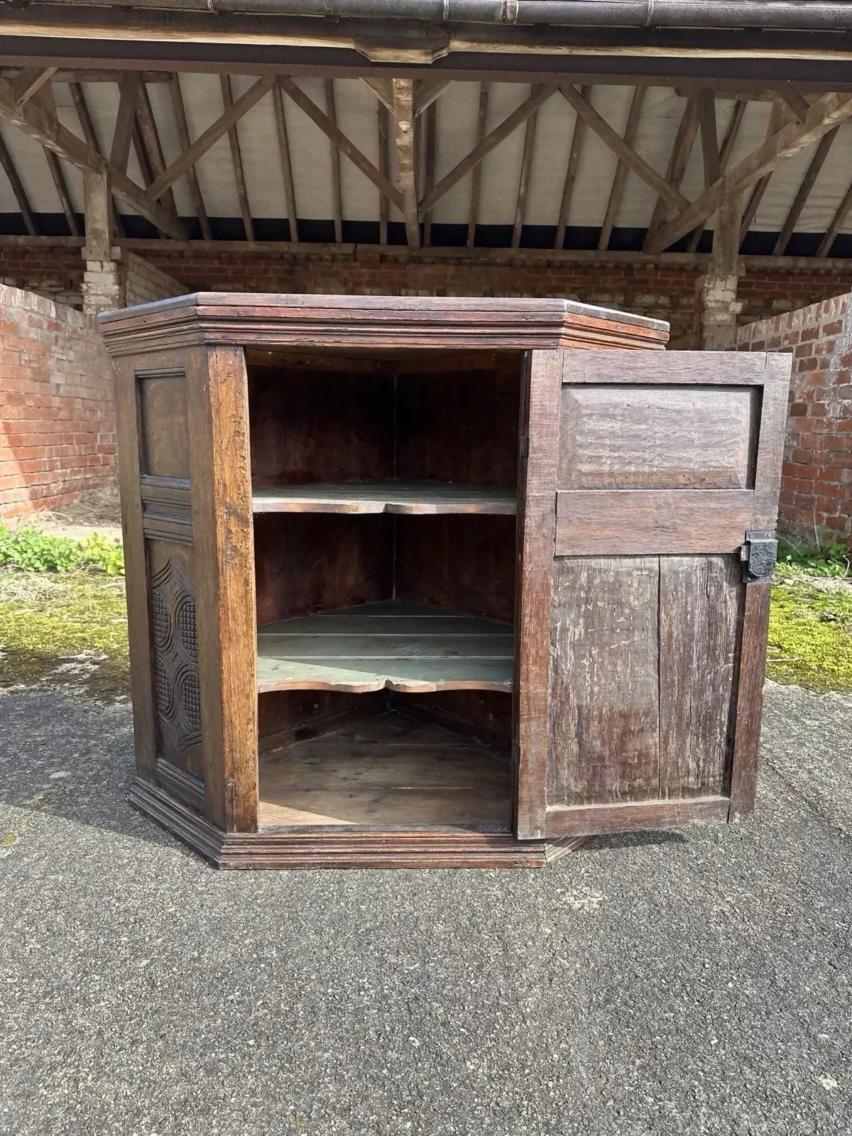 Antique Ecclesiastical Carved Oak Corner Kitchen Pantry Storage Cupboard