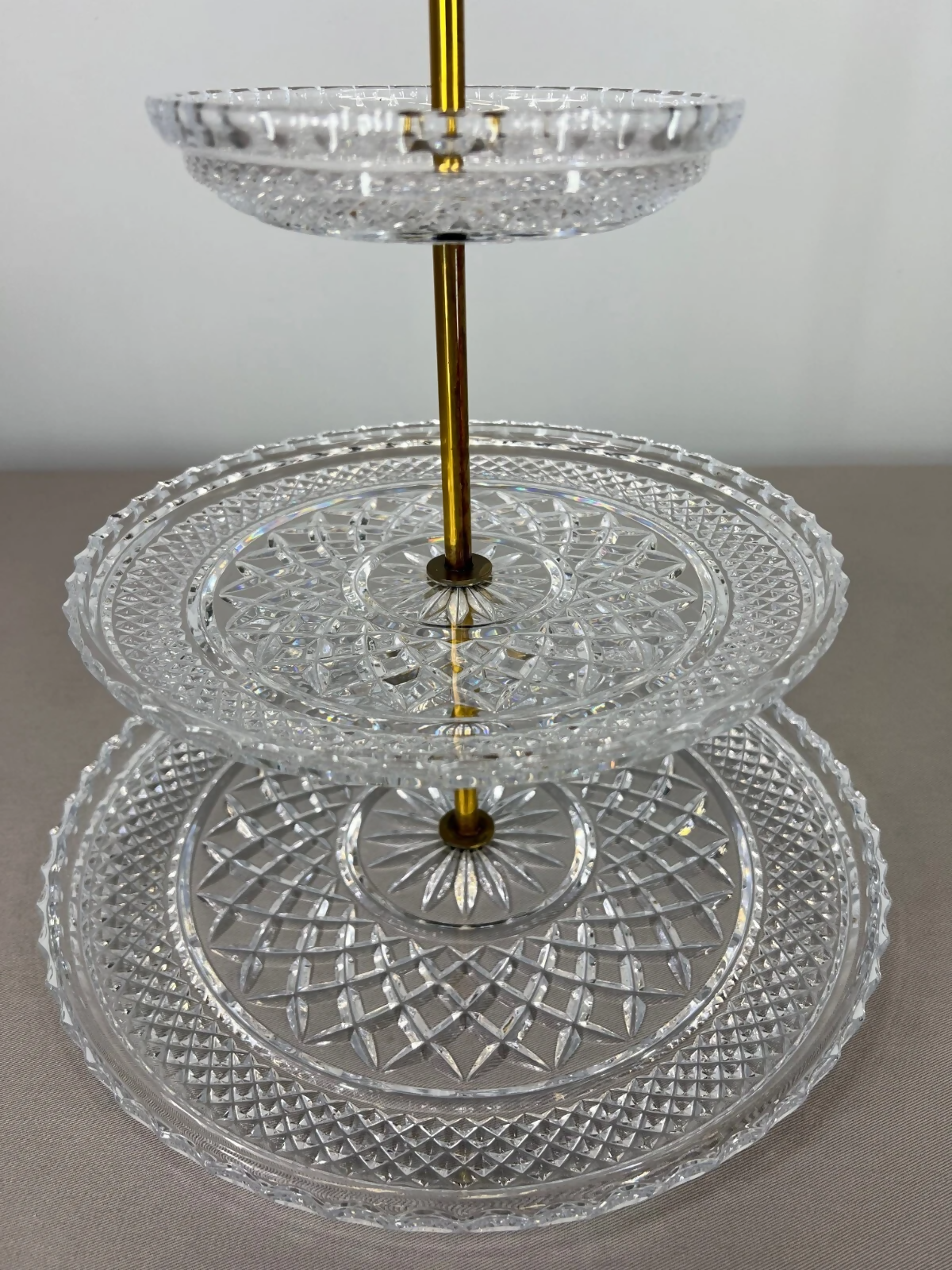 Cake Stand Vintage French Crystal Three Tier Serving Stand Brass Handle LOT 3600