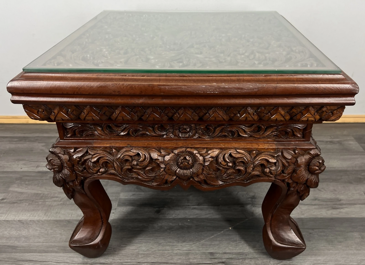 Plant Stand Chinese Mahogany Hand Carved Design Glass Top Coffee Table LOT 24327