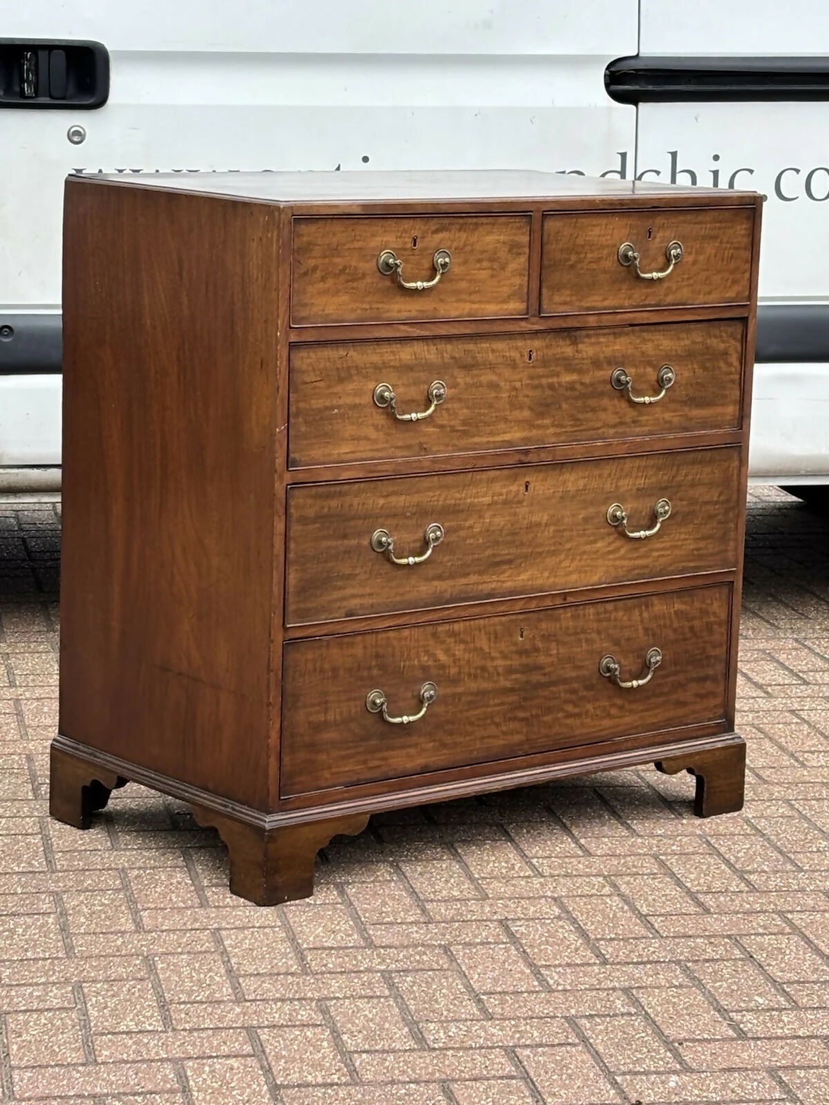 Vintage Mahogany Chest Of Drawers. Brass Handles, Bracket Feet, Fine Propotions