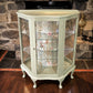 Vintage Curved Display Cabinet | Sage Green & Gold | Floral Botanical Interior | Lockable Glass Drinks Cabinet