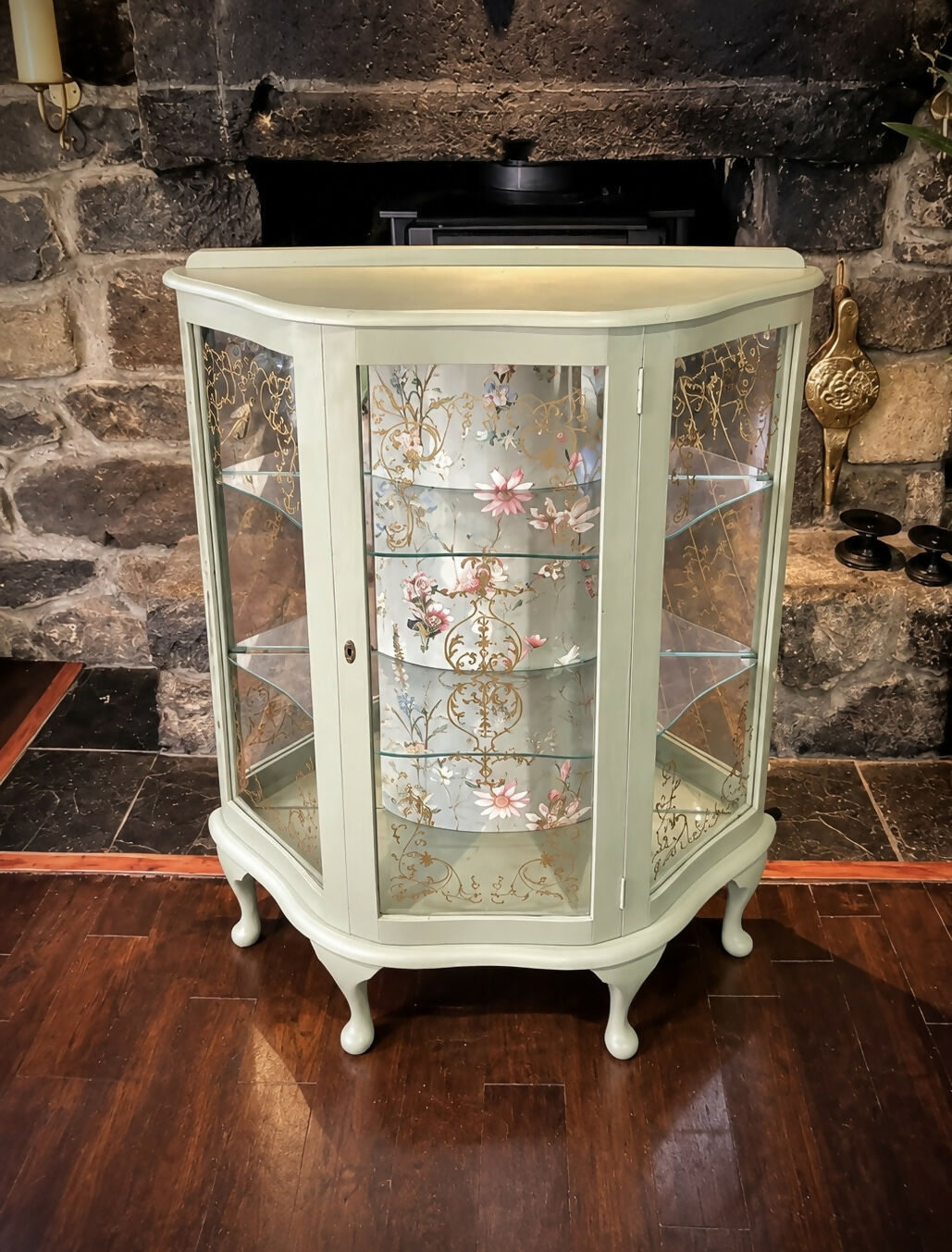 Vintage Curved Display Cabinet | Sage Green & Gold | Floral Botanical Interior | Lockable Glass Drinks Cabinet