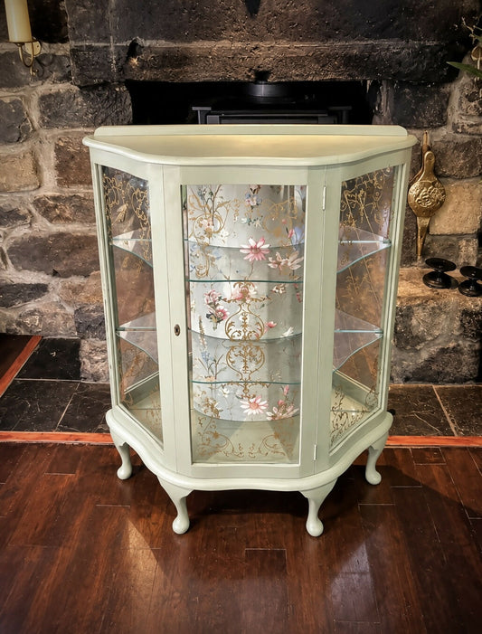 Vintage Curved Display Cabinet | Sage Green & Gold | Floral Botanical Interior | Lockable Glass Drinks Cabinet
