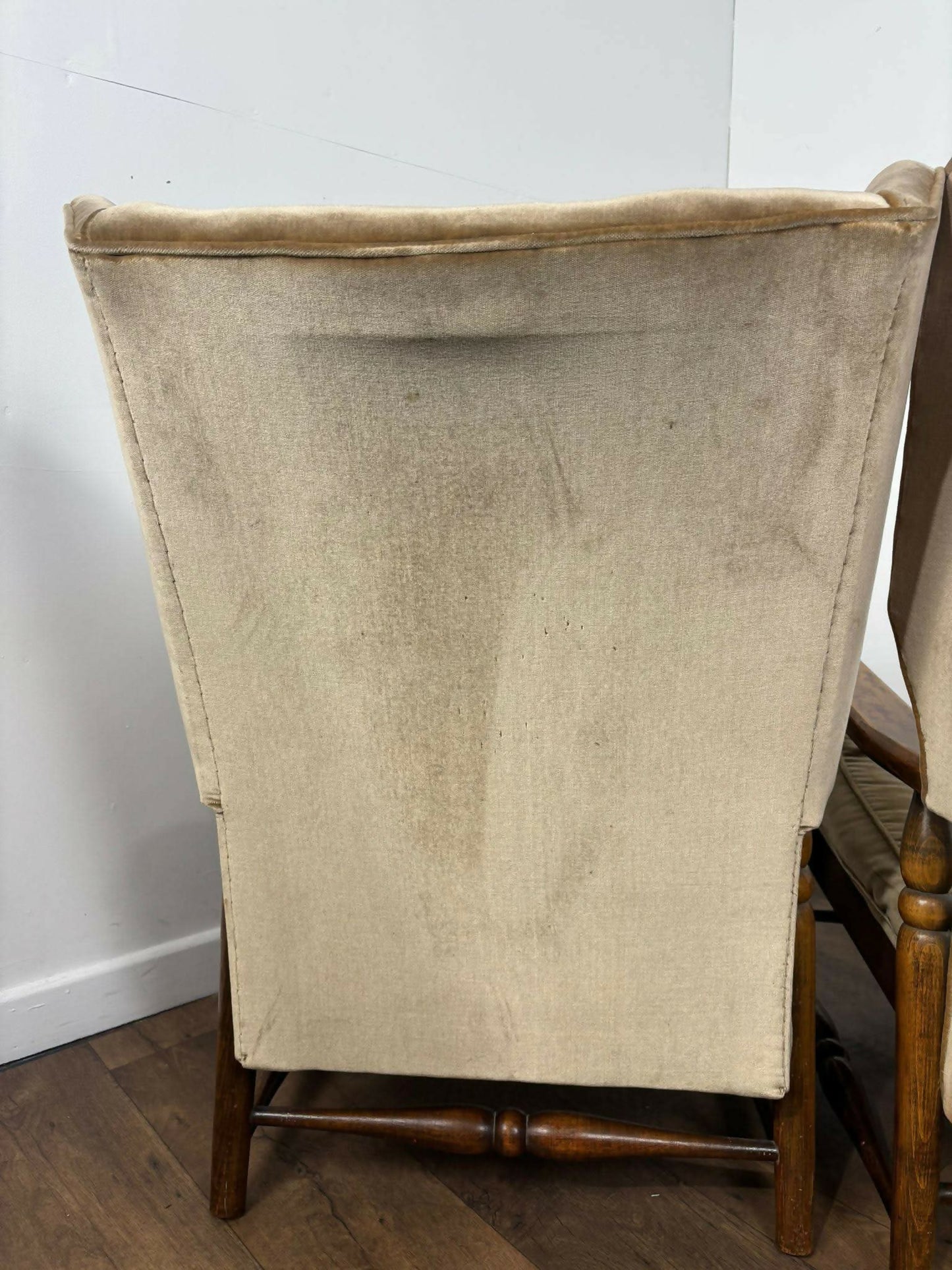 Vintage Pair Of Oak Framed Wing Back Armchairs