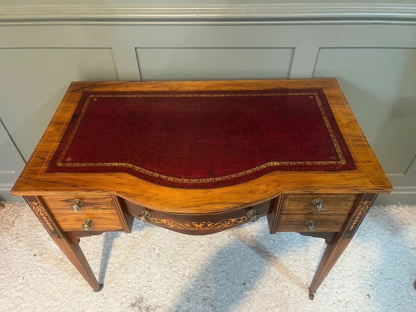 Vintage Desk /Writing Desk Red Leather Top Inlaid Rosewood Mid 1800’s