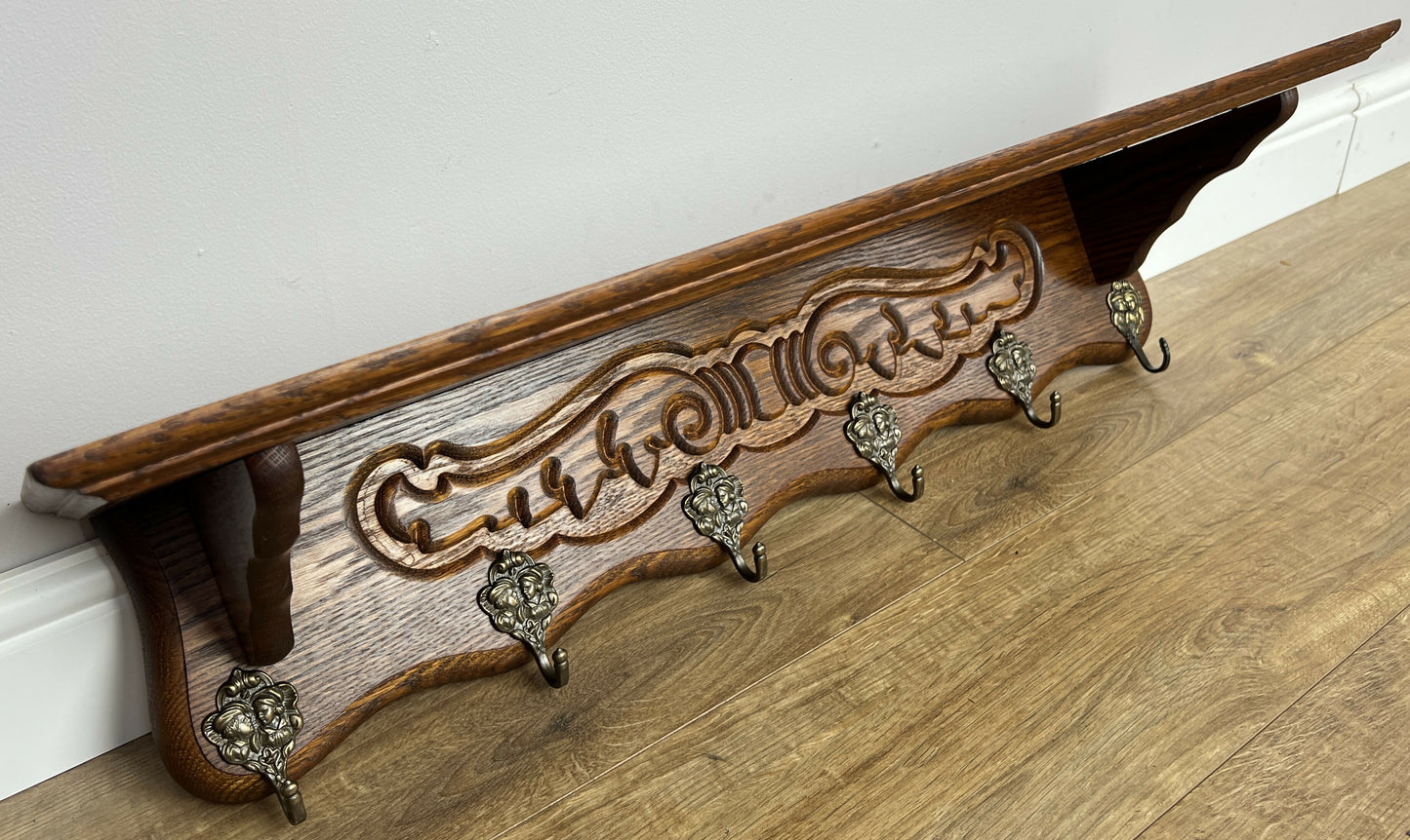 Coat Rack Vintage French Carved Oak Wall Mounted 6 Hooks Rack Hanger LOT 6368