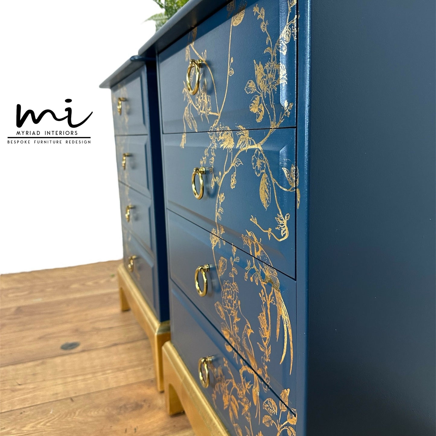 Pretty Refurbished Stag Minstrel 4 drawer bedside tables, navy blue with gold foil design, bird song, nightstands, vintage, blossom art deco