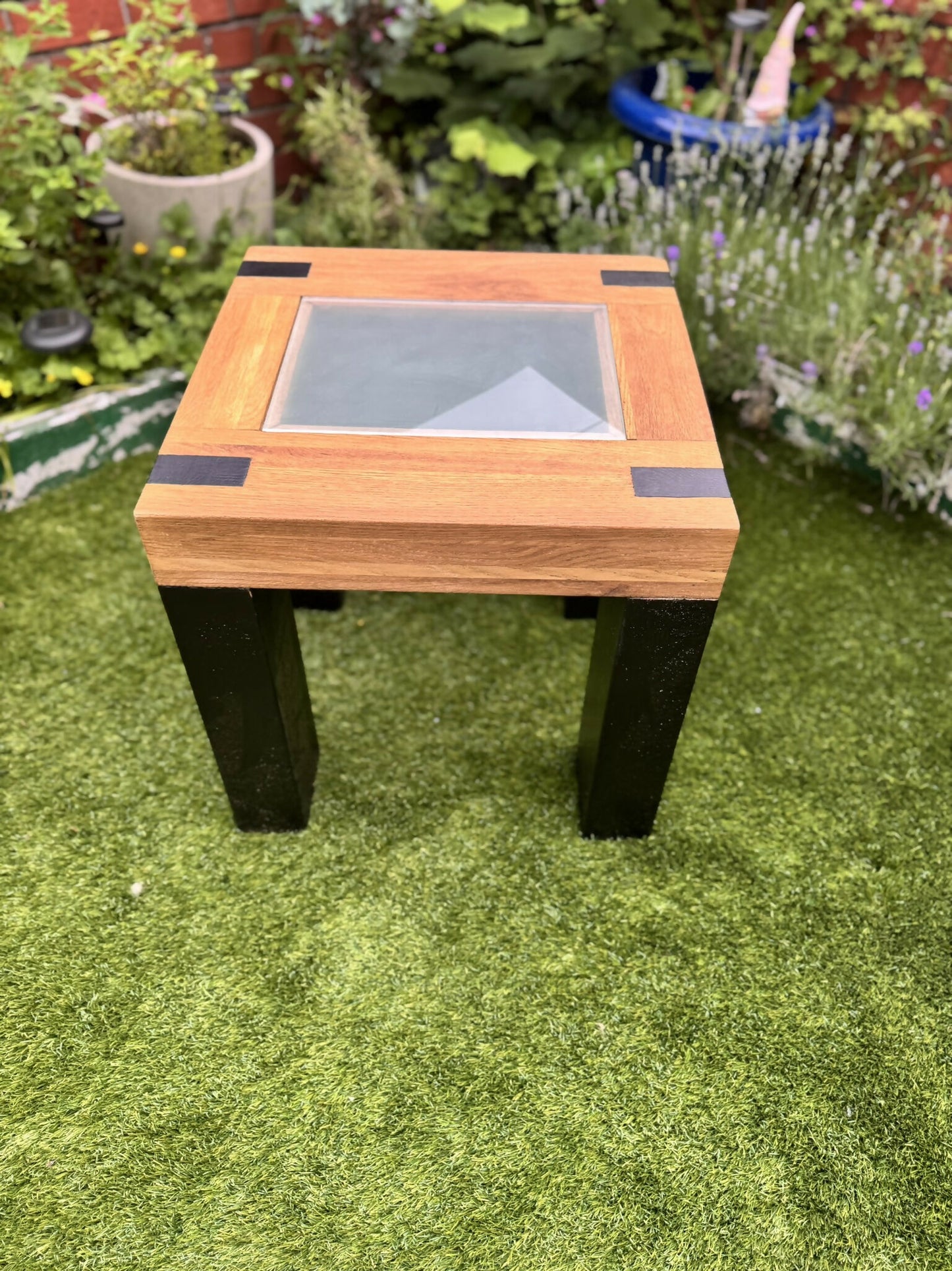 Oak Side Table with Glass Top, Black and Wood End Table, Revived Industrial Furniture, Handmade Bedside or Lamp Table, UK