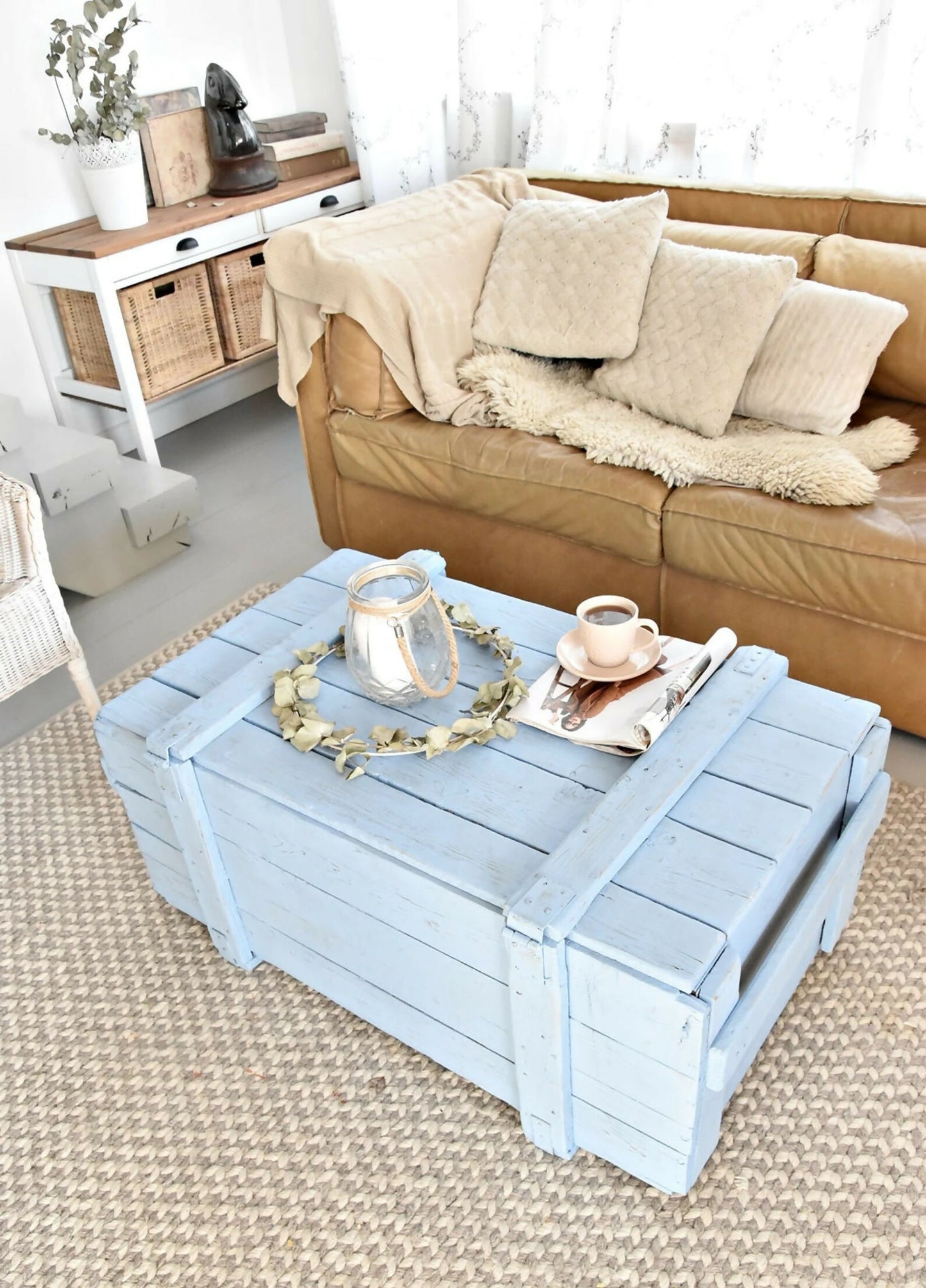 Pastel Blue Vintage Military Chest Coffee Table – Reclaimed Solid Wood Army Trunk Storage Table, Rustic Farmhouse Coffee Table