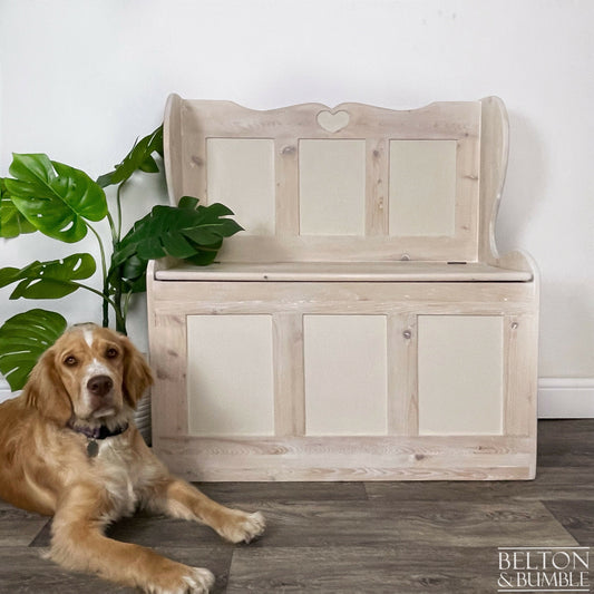 Pine Lift Lid Storage Bench Pew with a White Wash Weathered Finish