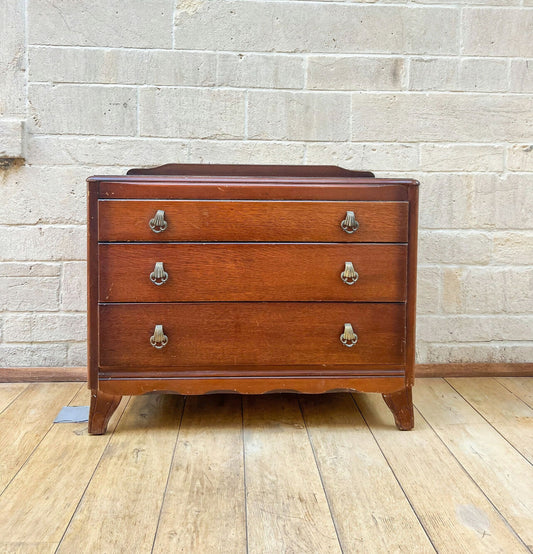 MCM Harris Lebus Three drawer Art Deco Pink & Green Chest Of Drawers Hand Painted Gold Handles Vintage Art Deco