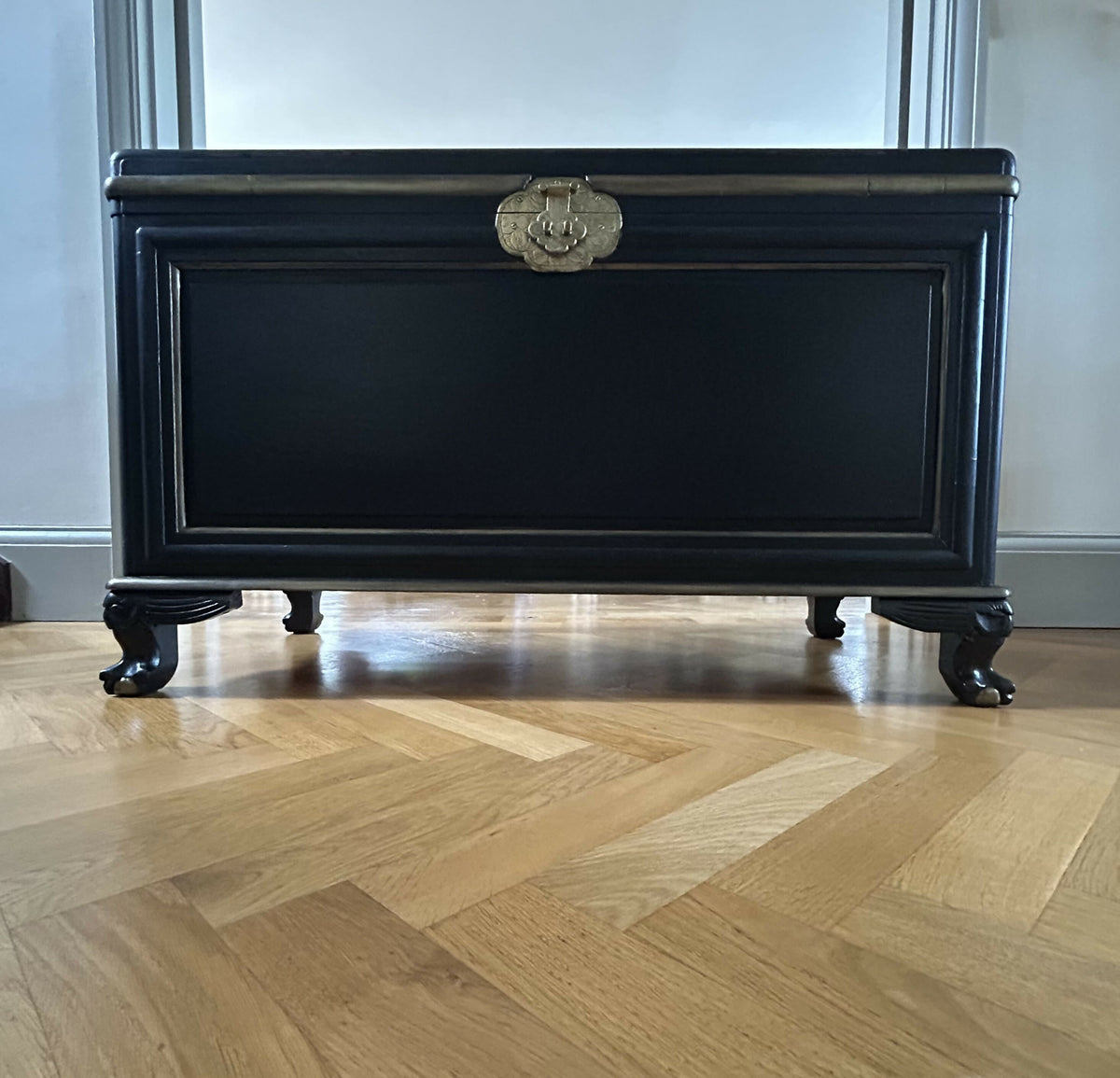 Ottoman. Antique Oriental storage Chest. Black and gold. Handpainted.