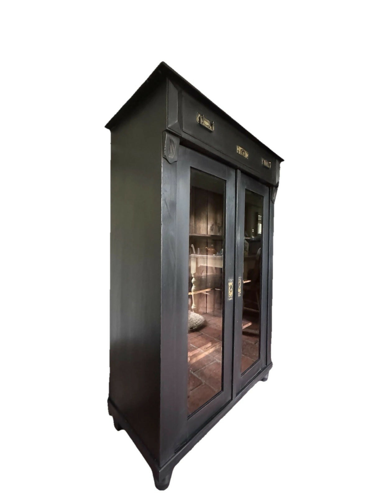 Antique Early 1900’s Mahogany Black Painted Display China Glazed Drinks Cabinet
