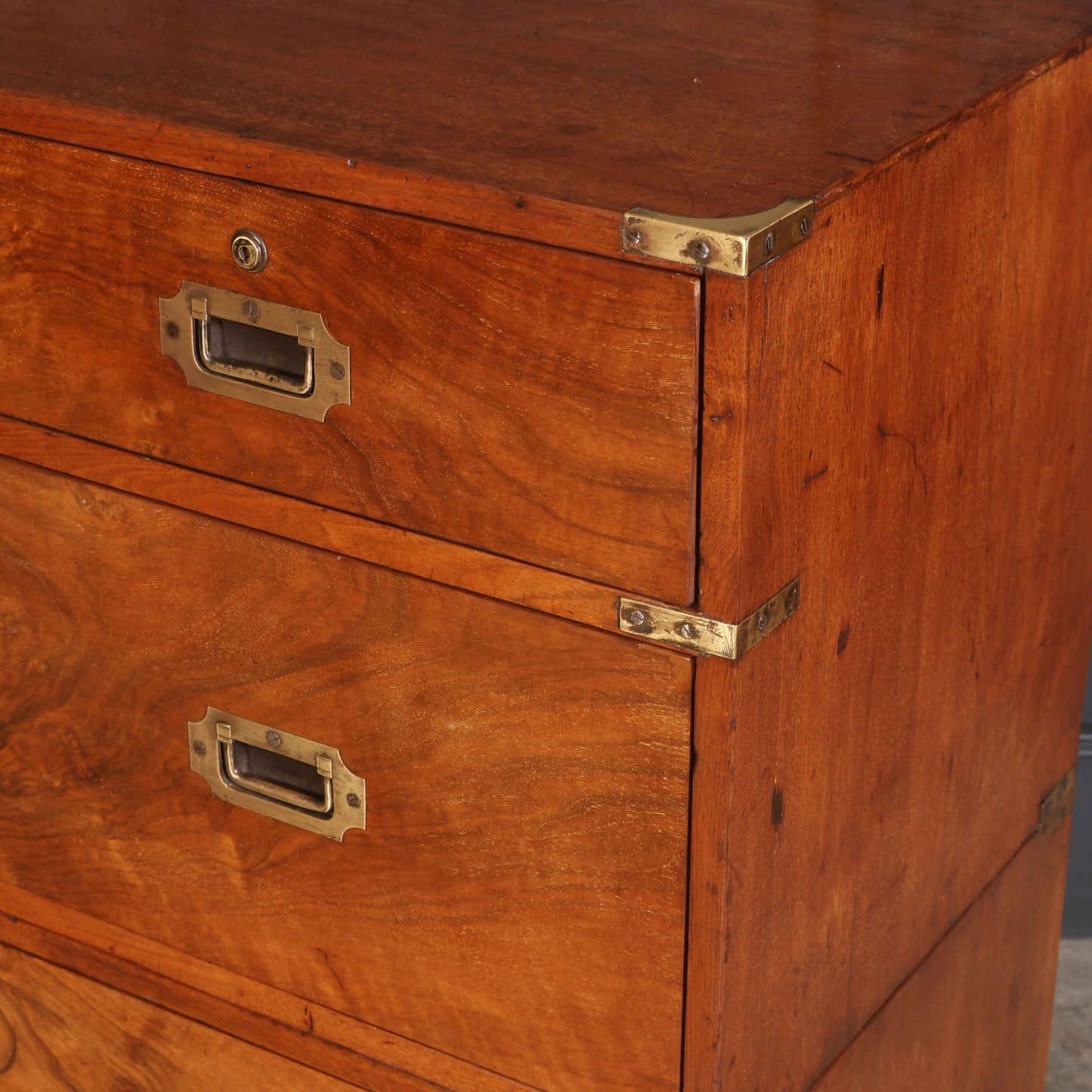 Rare Figured Walnut Military Vintage Campaign Chest of Drawers