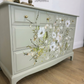 Refinished Stag Minstrel 4 over 2 chest of drawers in eucalyptus green with pretty floral design, dresser, dressing table pale sage, vintage