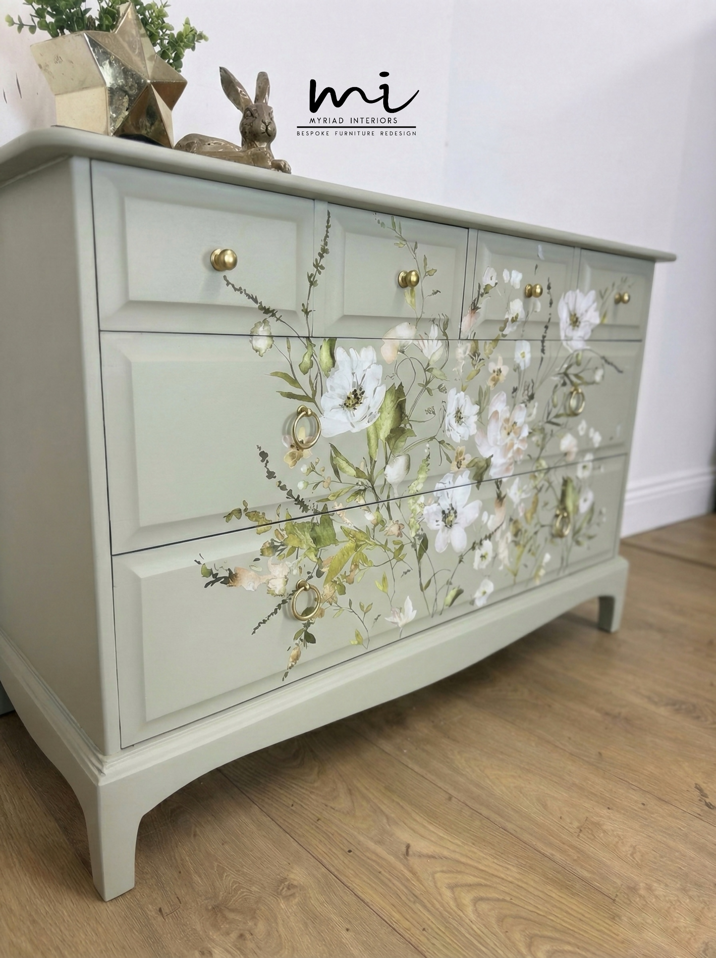 Refinished Stag Minstrel 4 over 2 chest of drawers in eucalyptus green with pretty floral design, dresser, dressing table pale sage, vintage