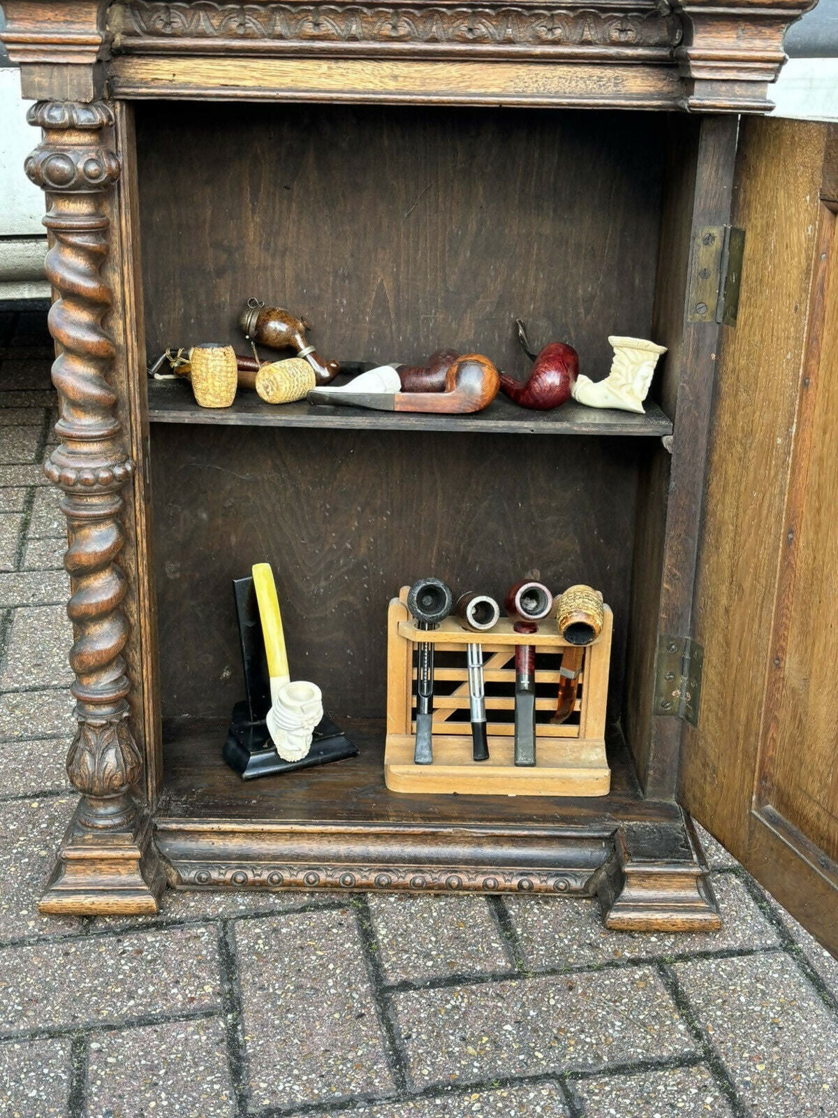 English Early Vintage Victorian Carved Smokers Cabinet With Pipe Collection Included.