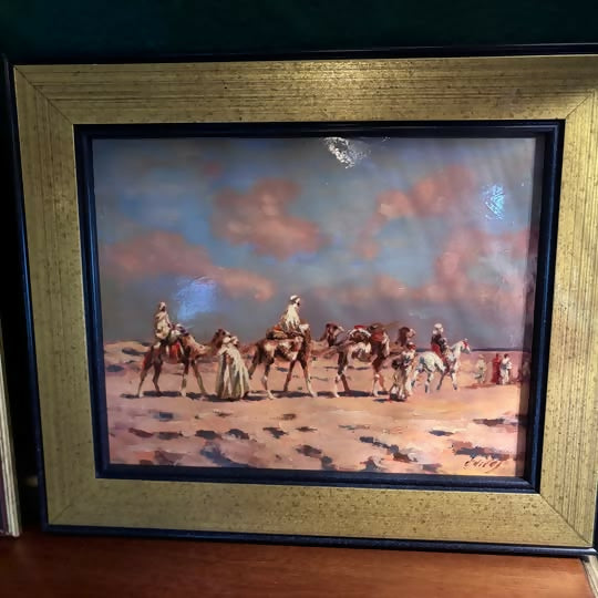 Vintage Set of x4 Desert/Eastern Oil Paintings, Gold Framed, Signed by Same Artist