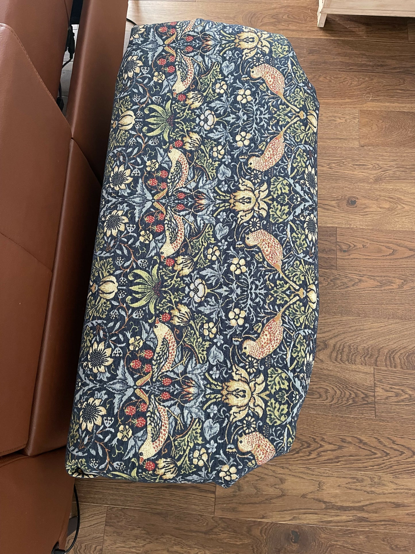 Mid century sky blue painted ottoman with William morris style upholstered seat