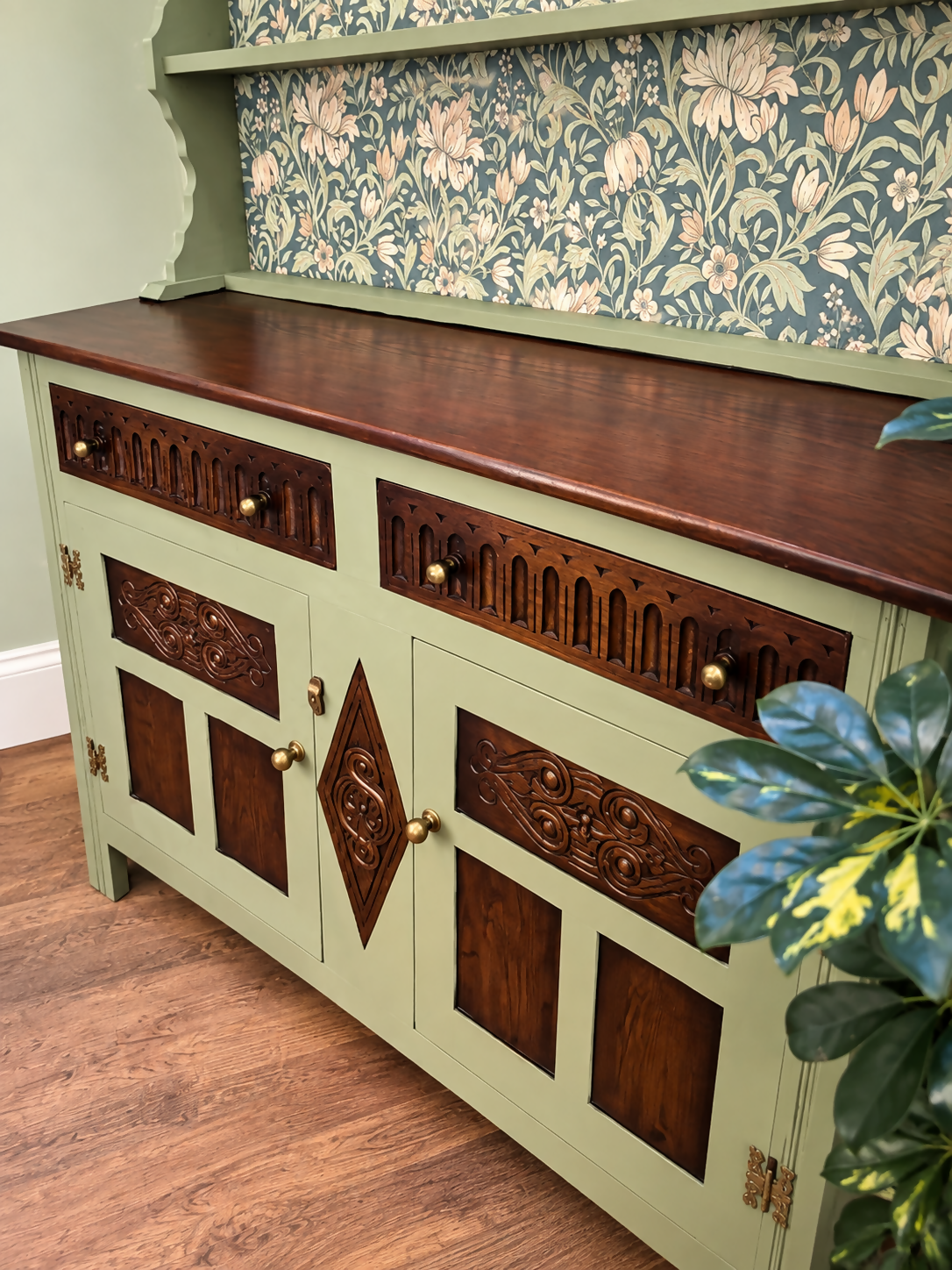 Vintage Welsh Dresser - Green, Oak & William Morris-Inspired Botanical Drinks Cabinet