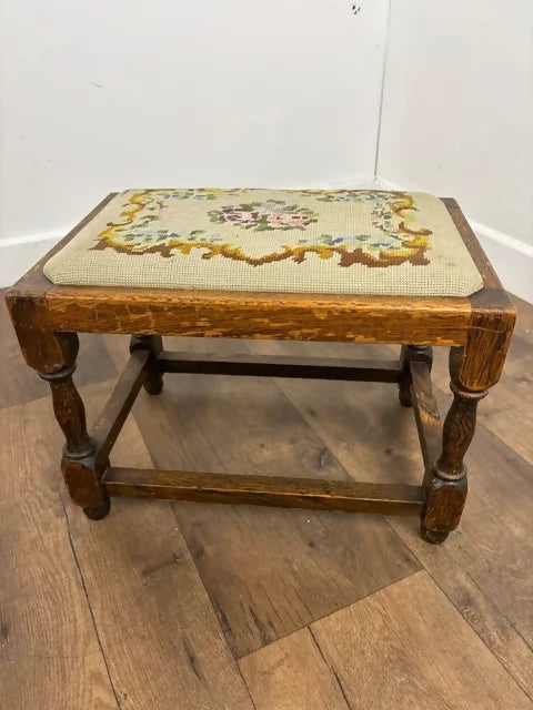 Vintage Oak Stool with Embroidered Pad